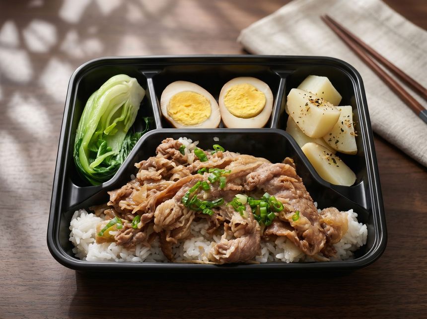 Bento box with rice, sliced beef, boiled eggs, lettuce, and potato salad, served with chopsticks