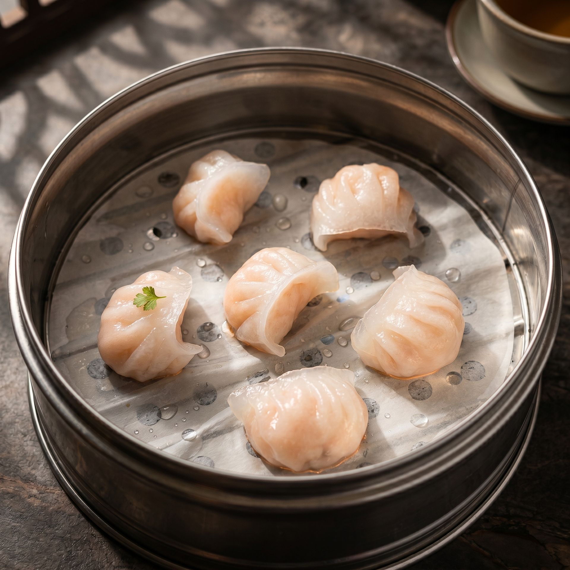 Steamed dumplings in a metal bamboo steamer, arranged on a perforated tray