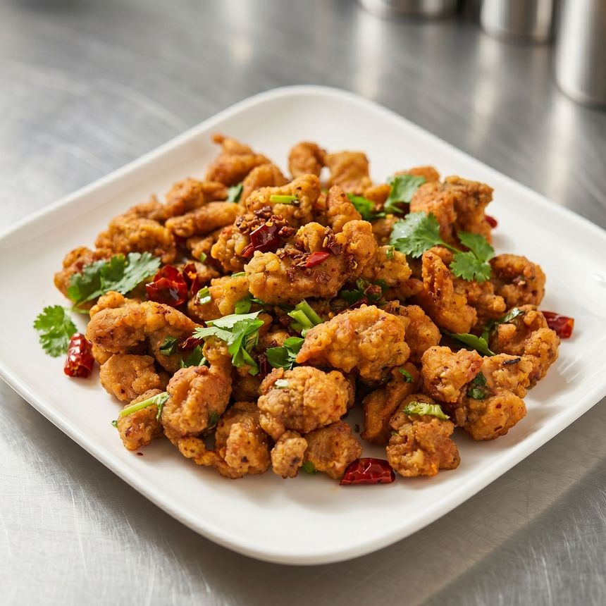 Plate of crispy fried chicken bites garnished with cilantro and red chilies on a white dish