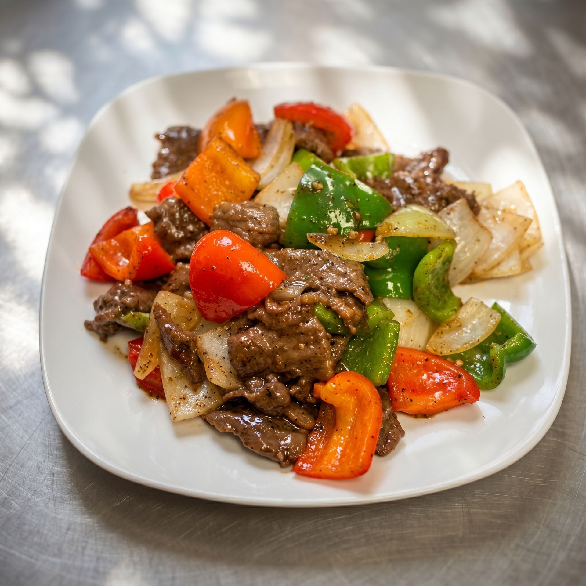 Stir-fried beef with bell peppers, onions, and carrots on a white plate