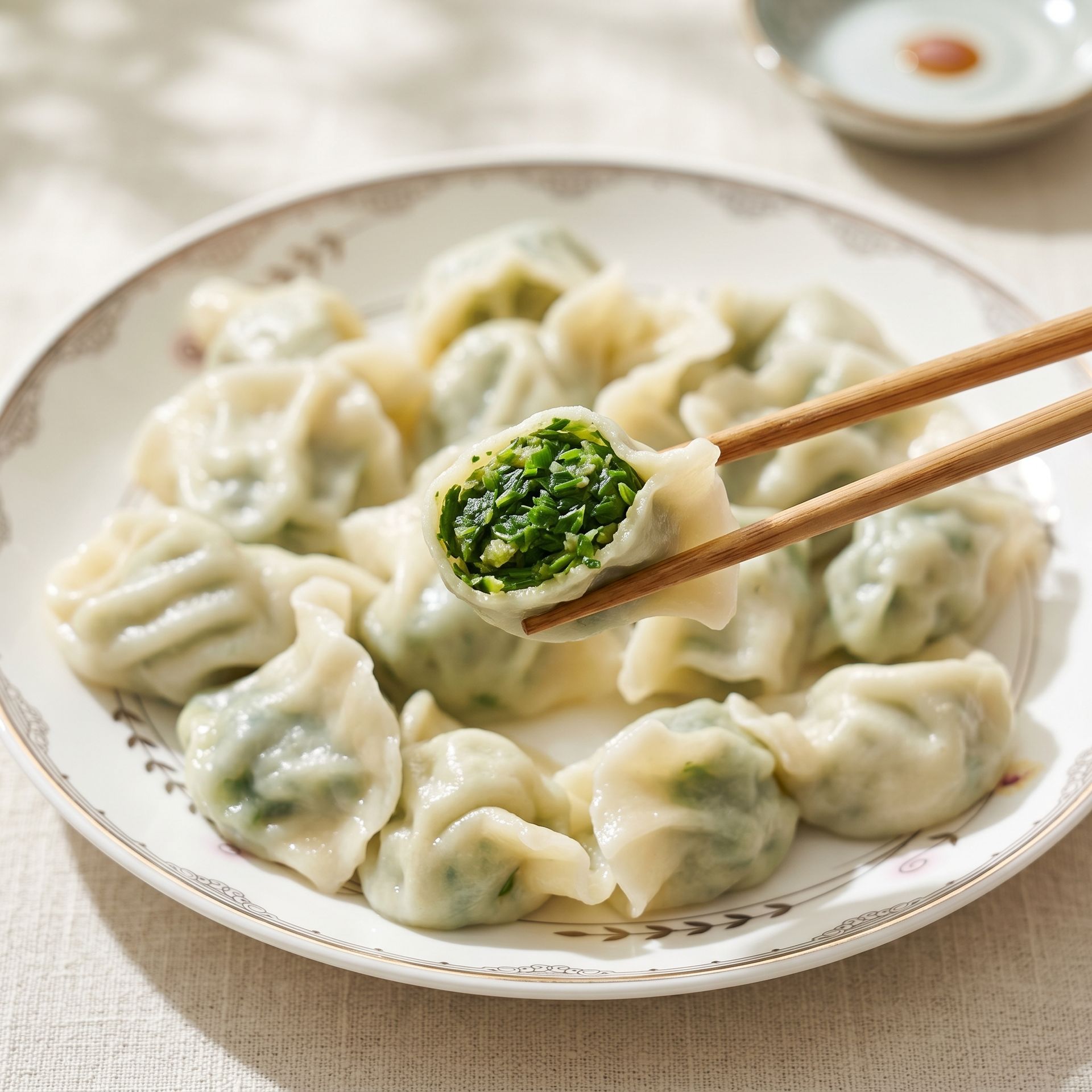 Plate of steamed dumplings with green filling, one held by chopsticks over a white dish