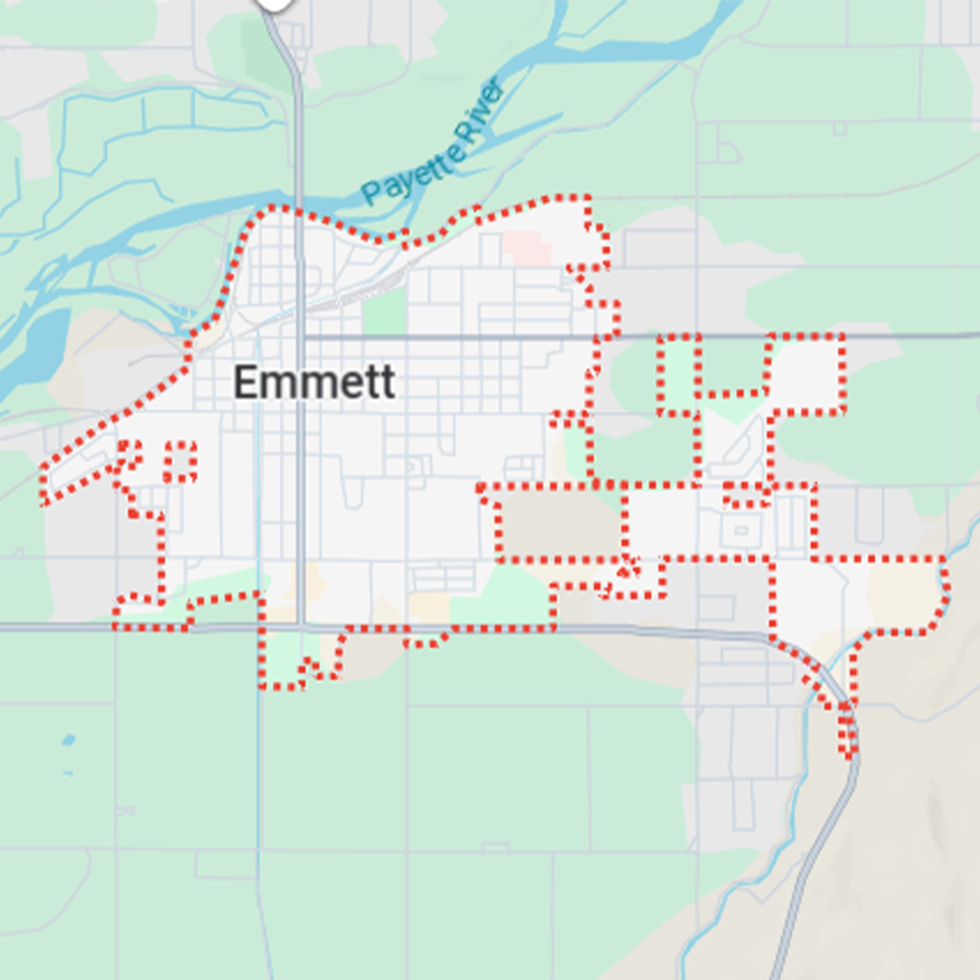 Map showing Emmett furnace service area covered by Bulldog Heating and Air technicians