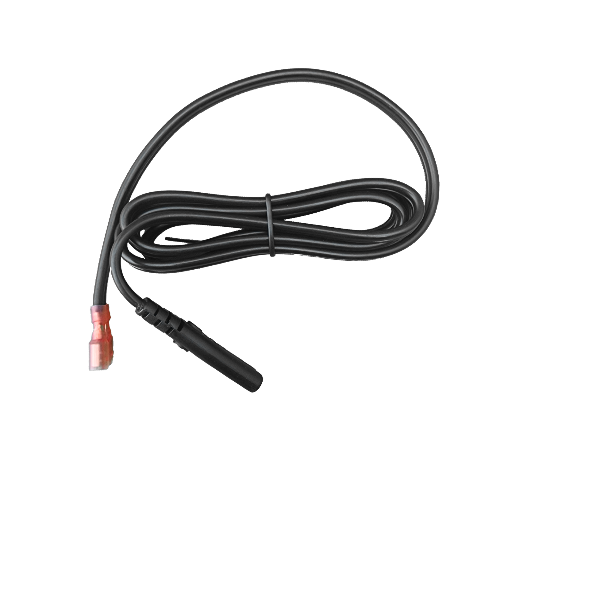 A black cable with a red connector on a white background.