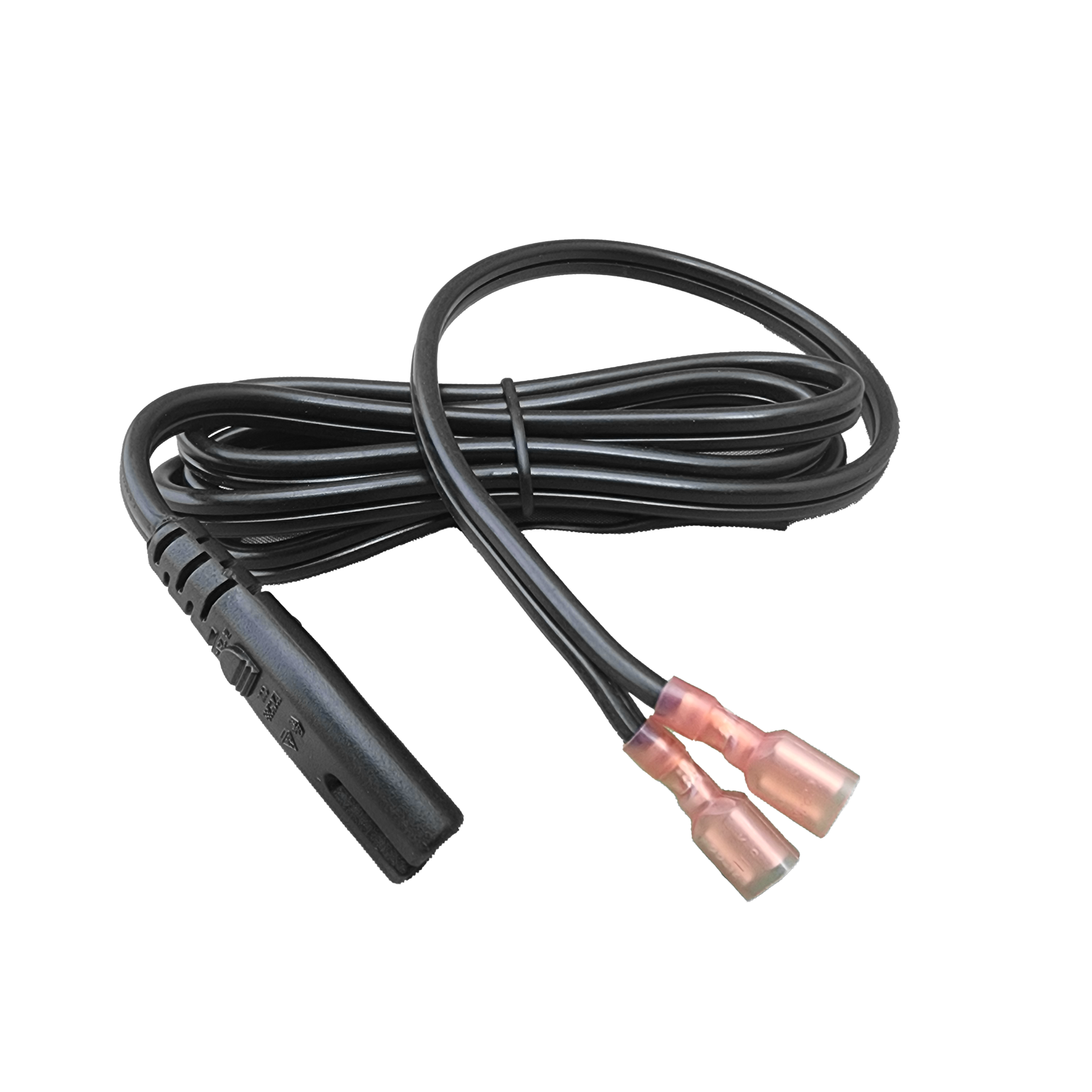 A black cable with a red connector on a white background.