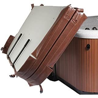 A hot tub with cover basket demonstrating the basket in use on white background