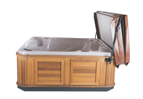 A hot tub with the cover open on a white background example of cover lift