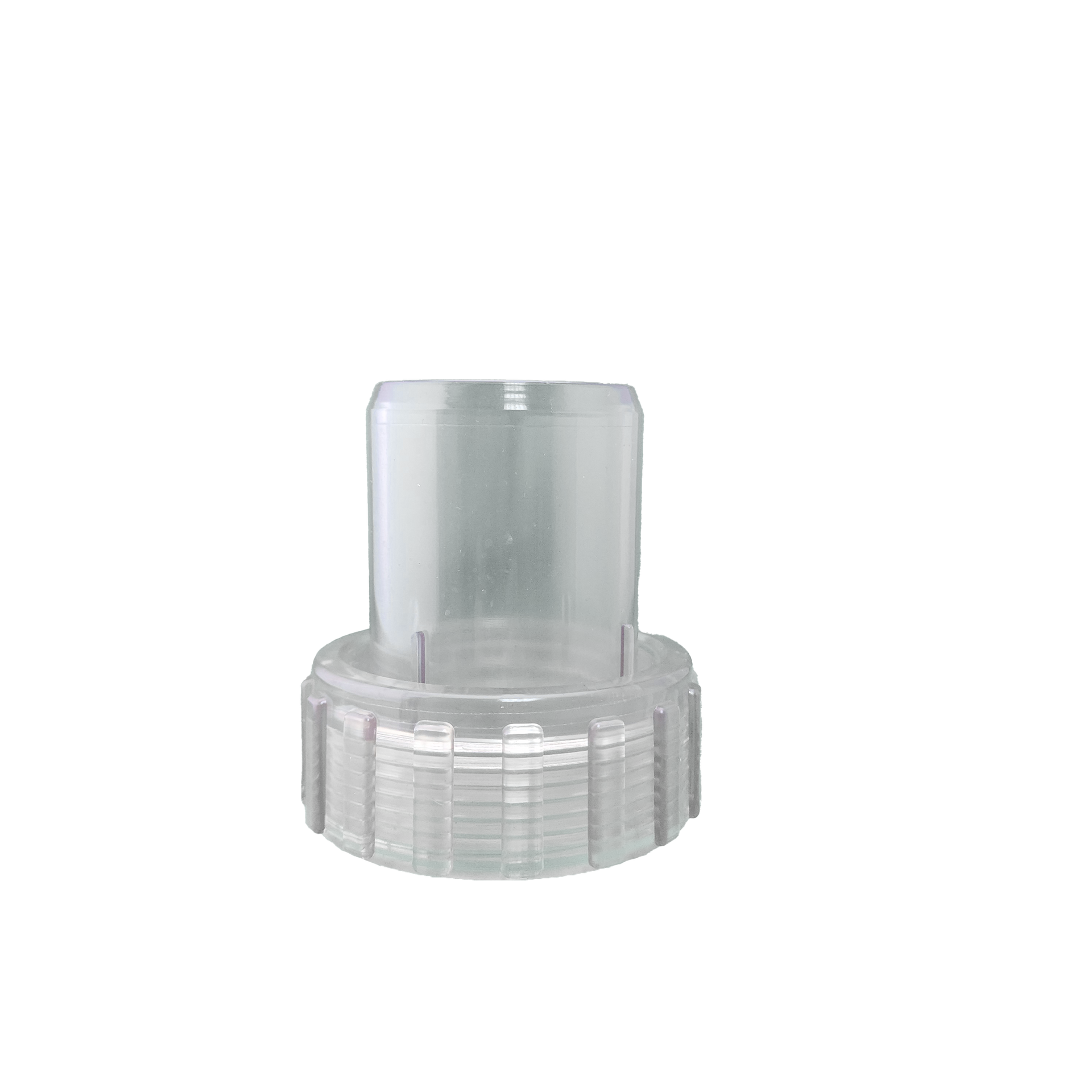 A clear plastic pump union assembly on a white background.