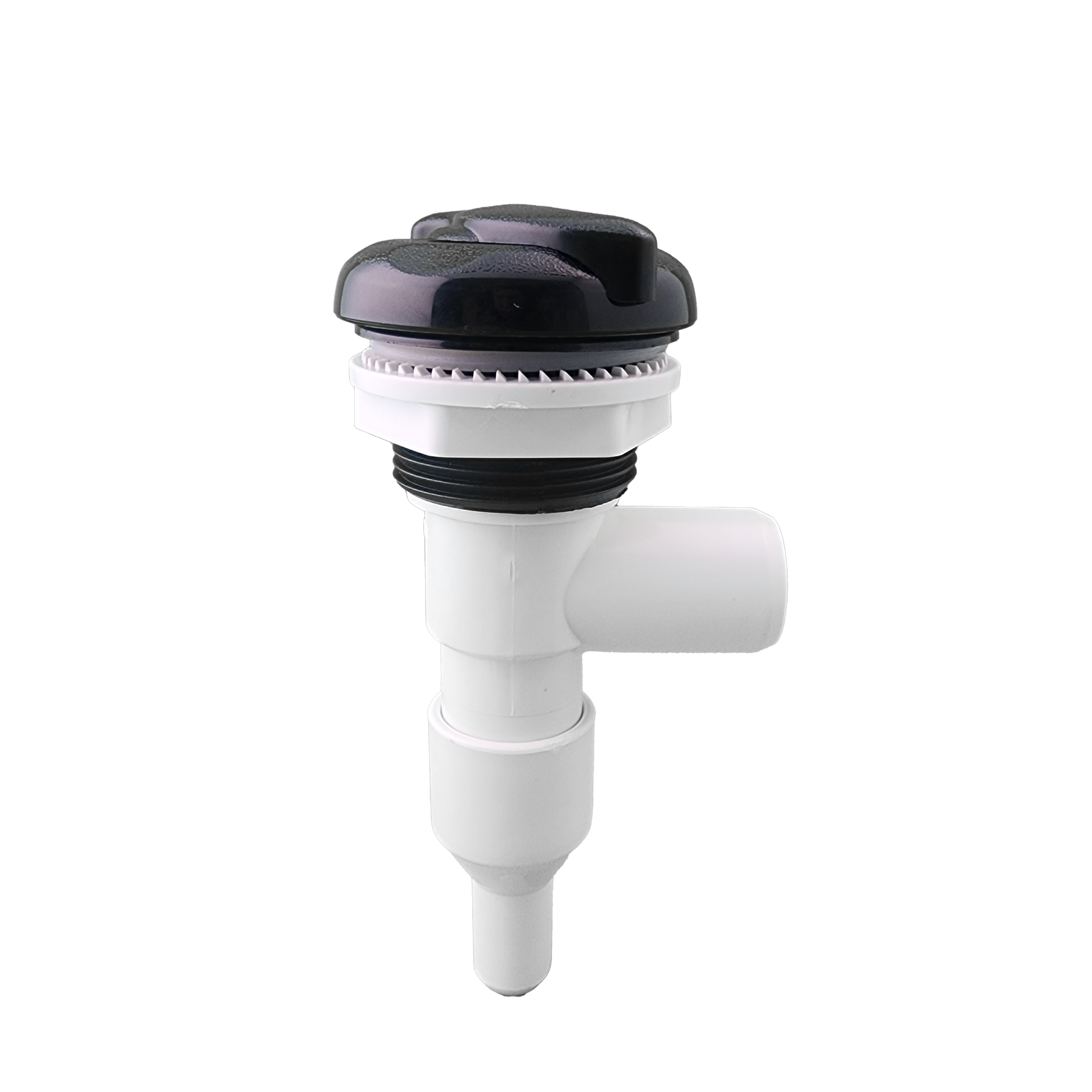 A white valve assembly with a black cap on a white background.