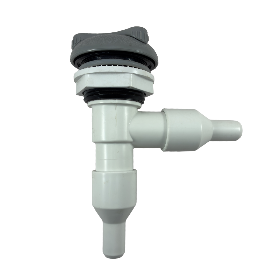 Side view of Rising Dragon RD601-2110-001 1-inch on/off spa valve assembly in gray for hot tub plumbing systems