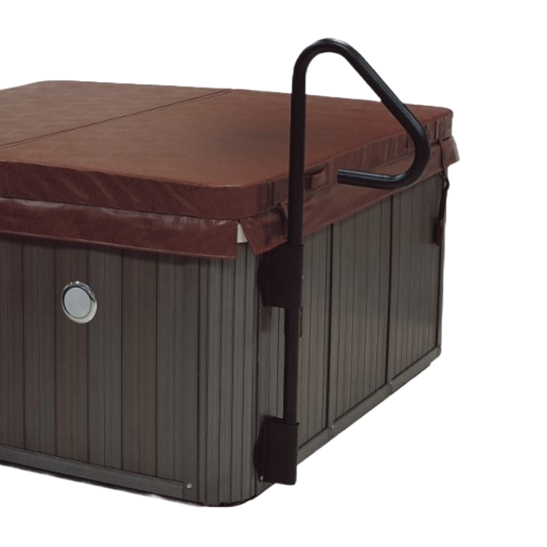 A hot tub with a brown cover and a black handle