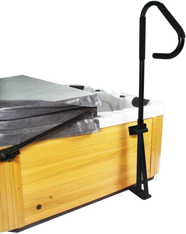 Rising Dragon universal undermount hot tub handrail installed beside spa for safe and convenient entry and exit