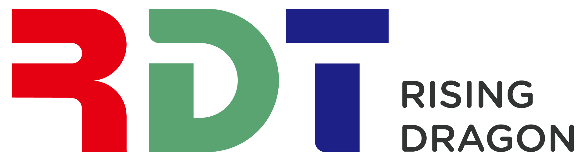 A logo for rising dragon tech international is shown on a white background.