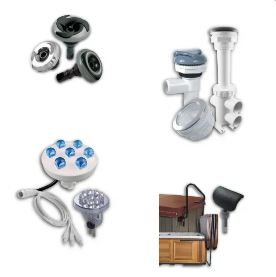 rising dragon icon image of our four main categories for spa and hot tub parts; spa jets, spa fittings, spa lighting, and spa accessories. 