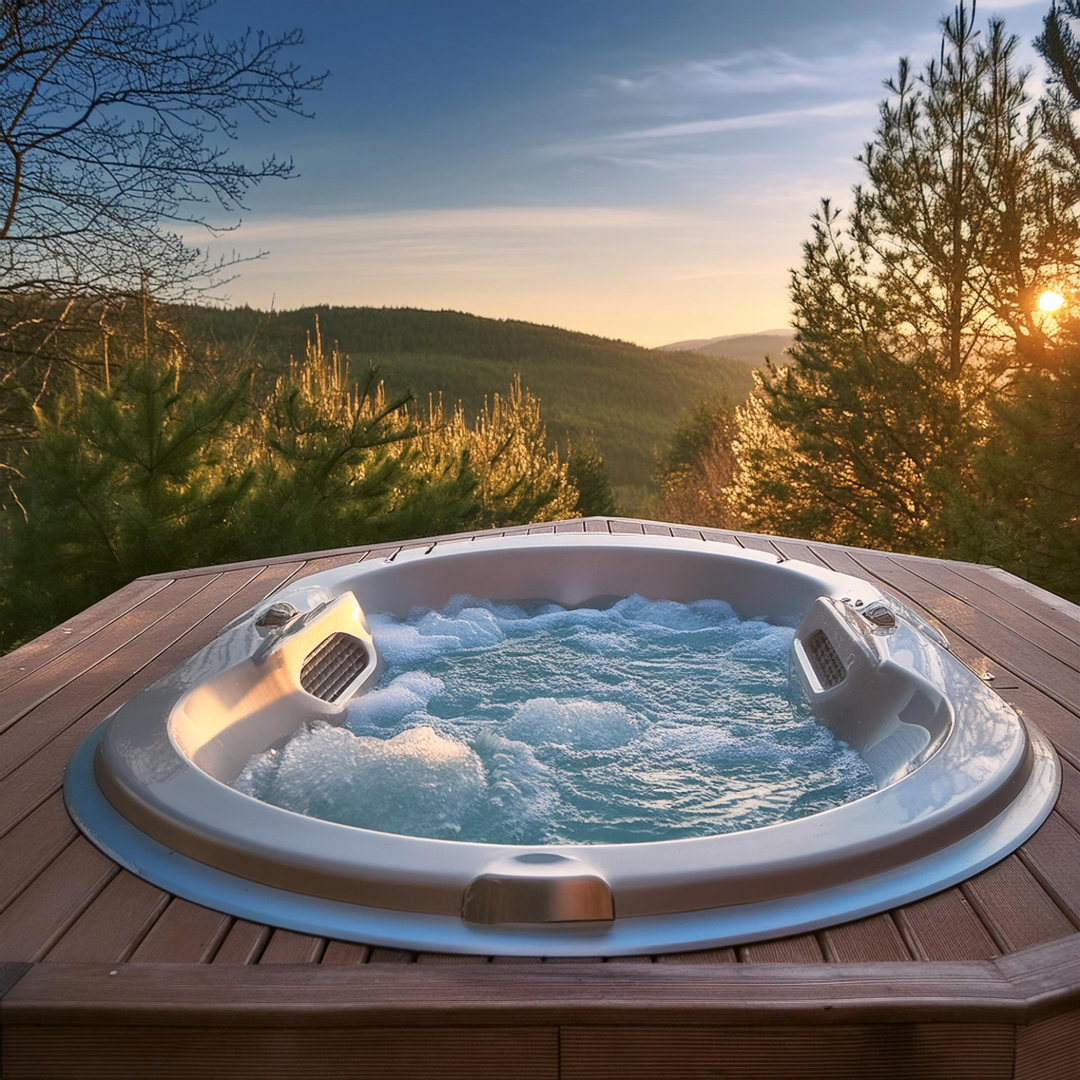 A hot tub with a view of mountains and trees