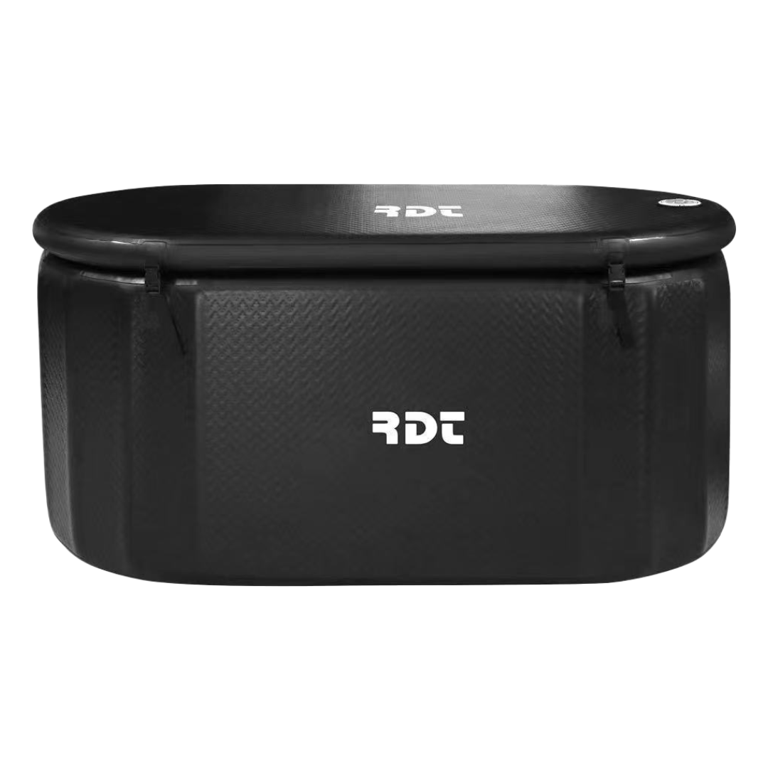 A black cold plunge tub with the rdt logo on it