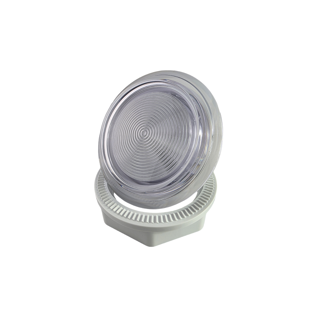 Front view of Rising Dragon 5-inch spa light housing assembly with clear lens for hot tub LED lighting installation