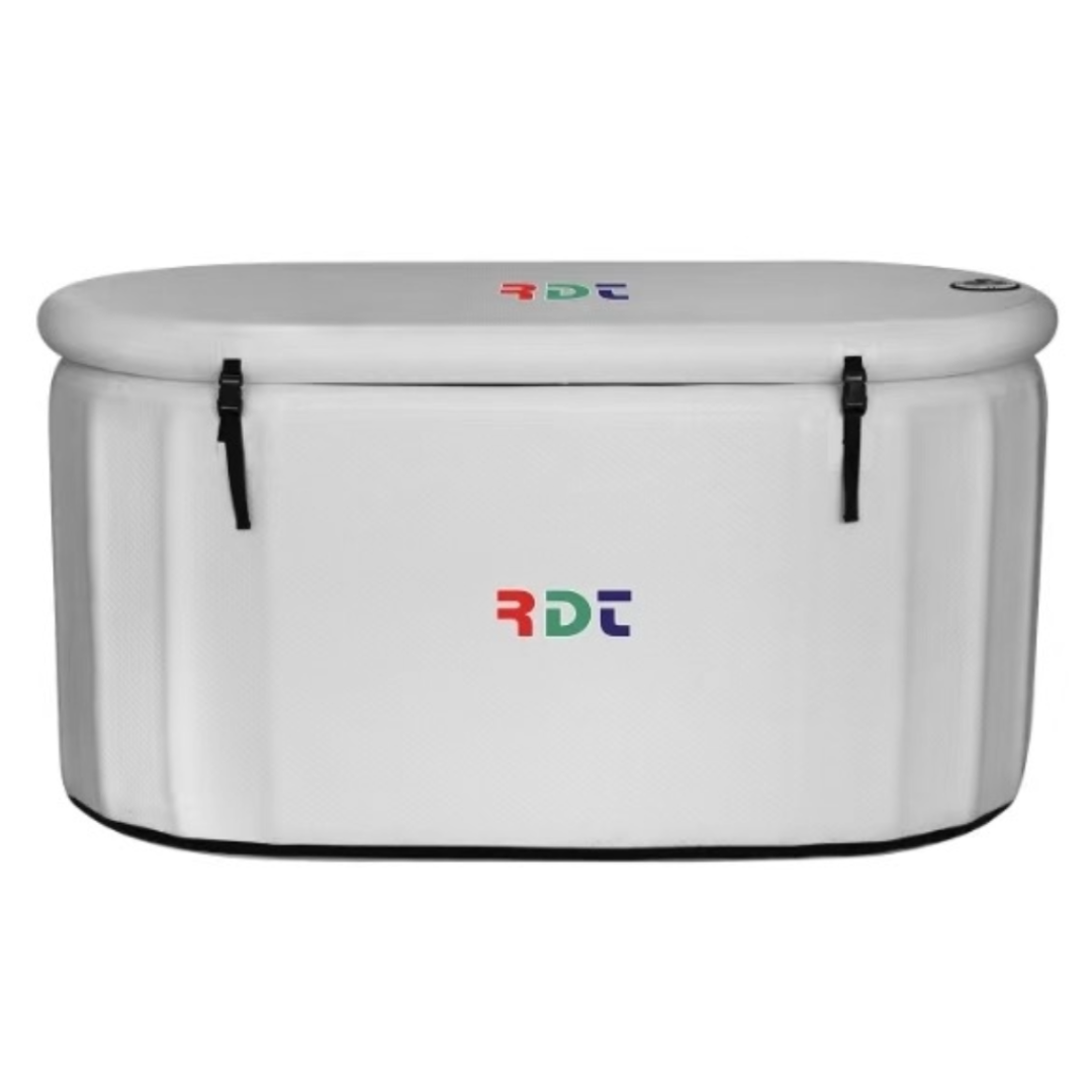 A white cold plunge tub with the rdt logo on it