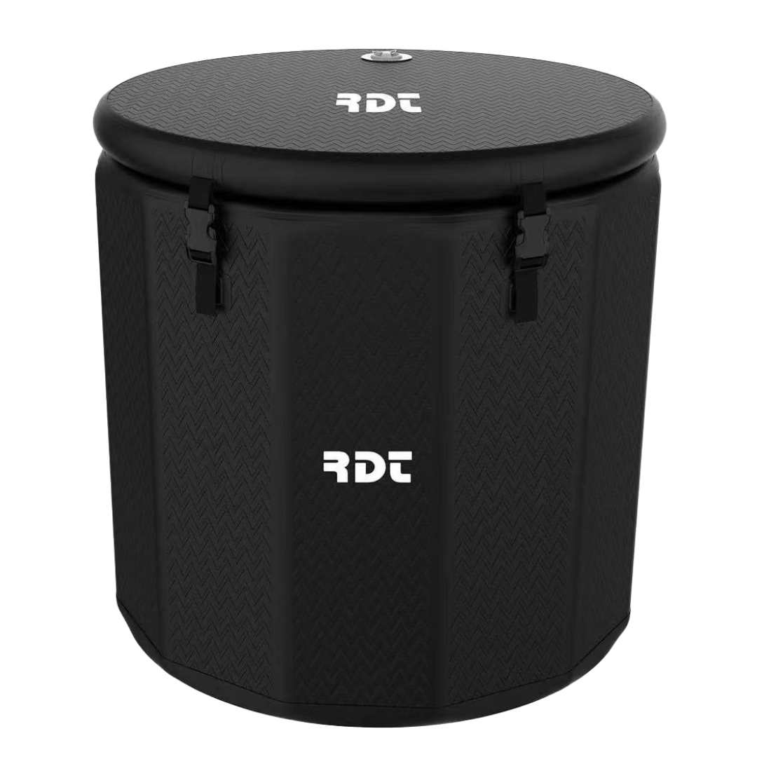 A black cold plunge tub with the rdt logo on it