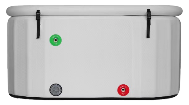 A white cold plunge tub with the rdt logo on it