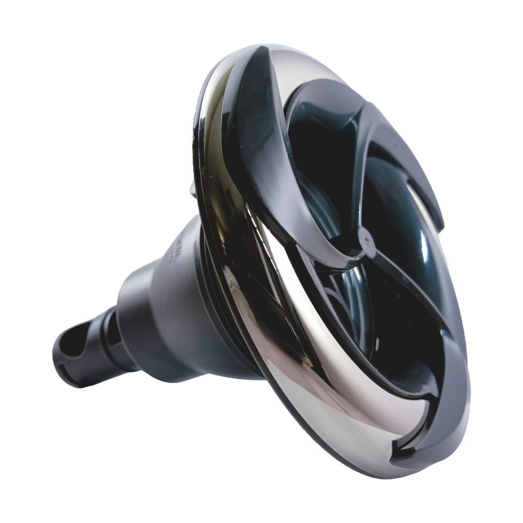 Angled front view of Rising Dragon RD203-5110-S06 5-inch single pulse spa jet insert with Pepperleaf stainless steel face