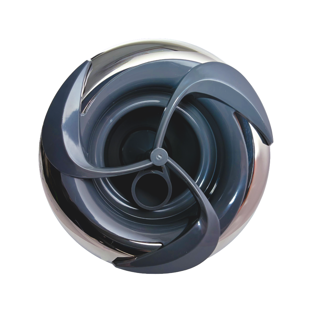 Angled front view of Rising Dragon RD203-5110-S06 5-inch single pulse spa jet insert with Pepperleaf stainless steel face