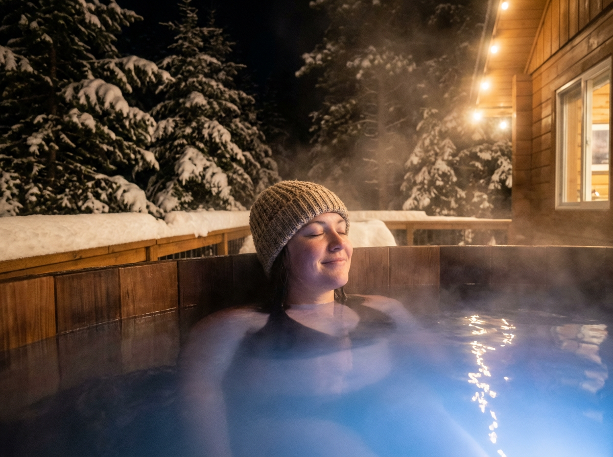 person soaking in a hot tub on winter evening to relax muscles and improve sleep quality
