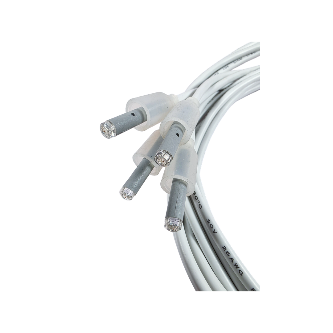 Close-up of Rising Dragon Quadri Mini LED point of light 2-wire harness with Mini POL connectors for spa lighting systems