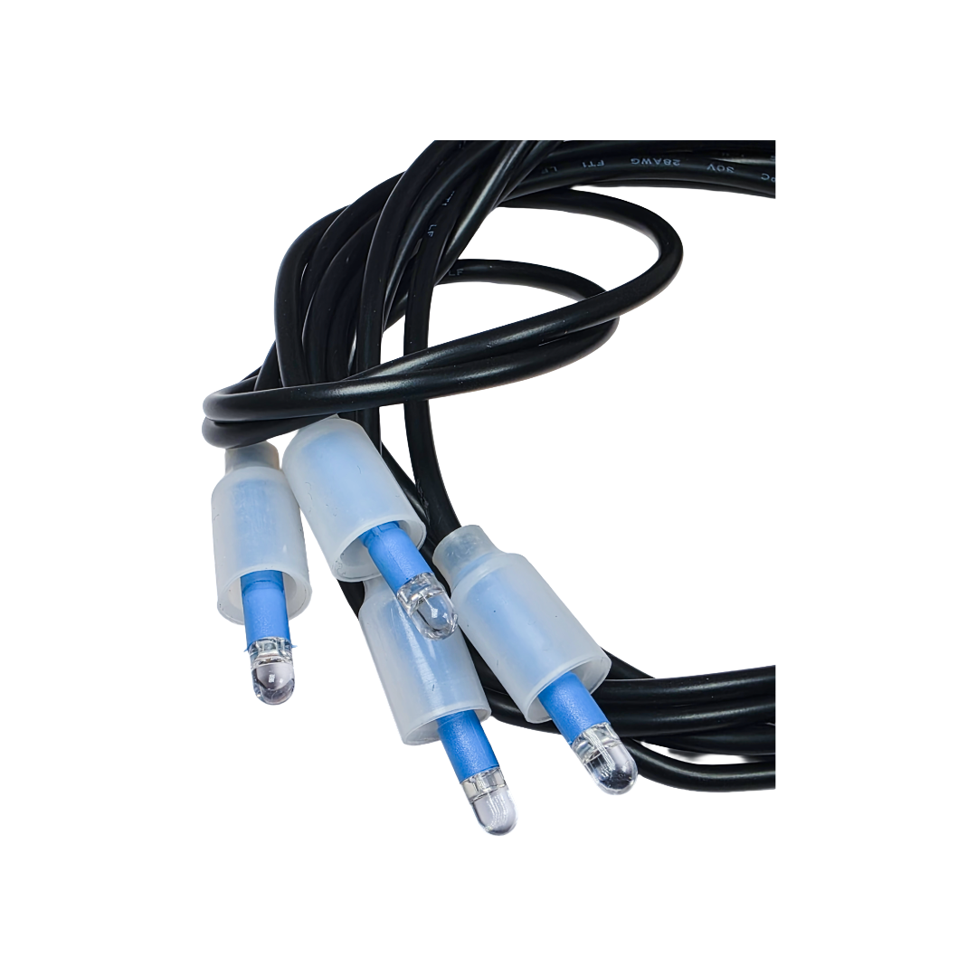 Close-up of Rising Dragon Quadri Mini LED point of light Bullet 4-wire harness with Mini POL connectors