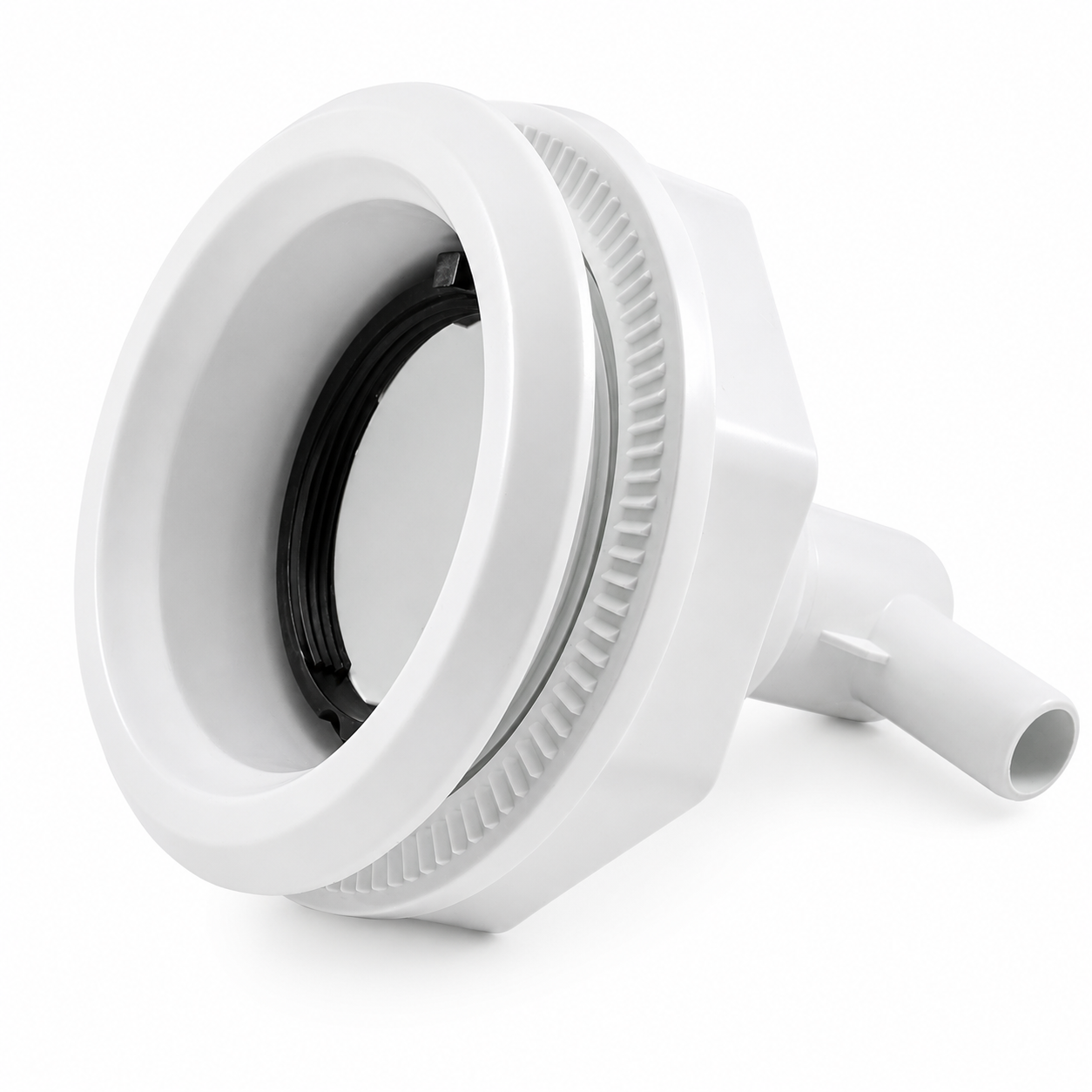 Angled view of Rising Dragon RD203-5001-001 5-inch Quantum Thread-In spa jet body showing sealing gasket and retaining nut