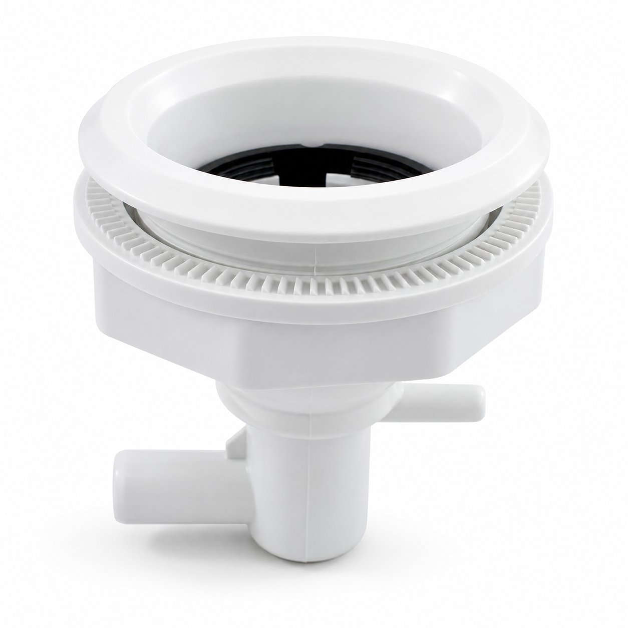 Angled view of Rising Dragon RD203-5001-001 5-inch Quantum Thread-In spa jet body showing sealing gasket and retaining nut