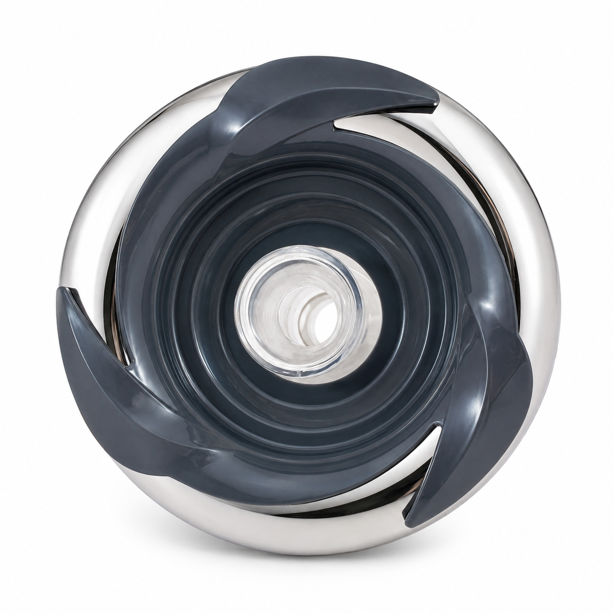 Angled front view of Rising Dragon RD203-5210-S04 5-inch Pepper Leaf directional spa jet insert with stainless steel trim