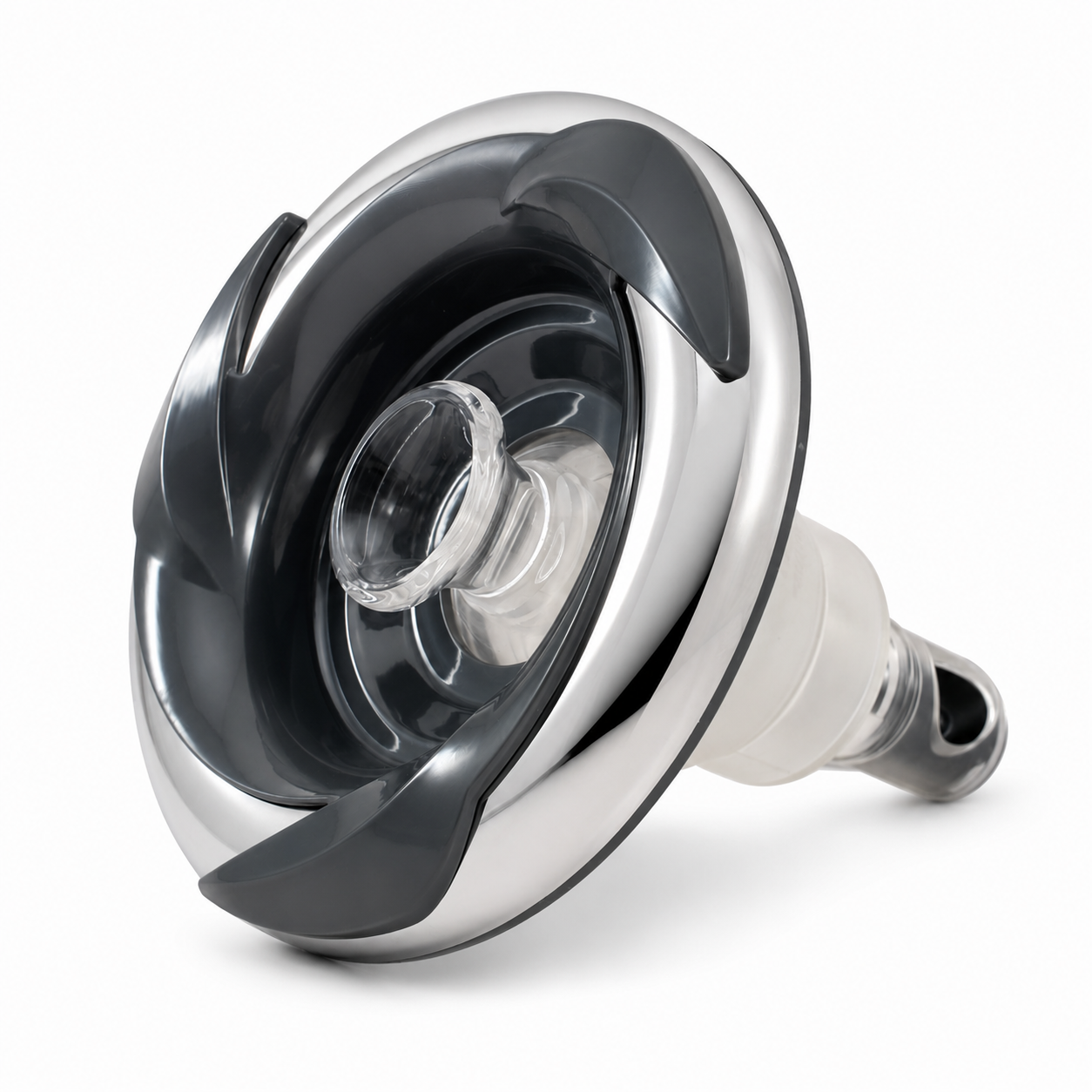 Angled front view of Rising Dragon RD203-5210-S04 5-inch Pepper Leaf directional spa jet insert with stainless steel trim