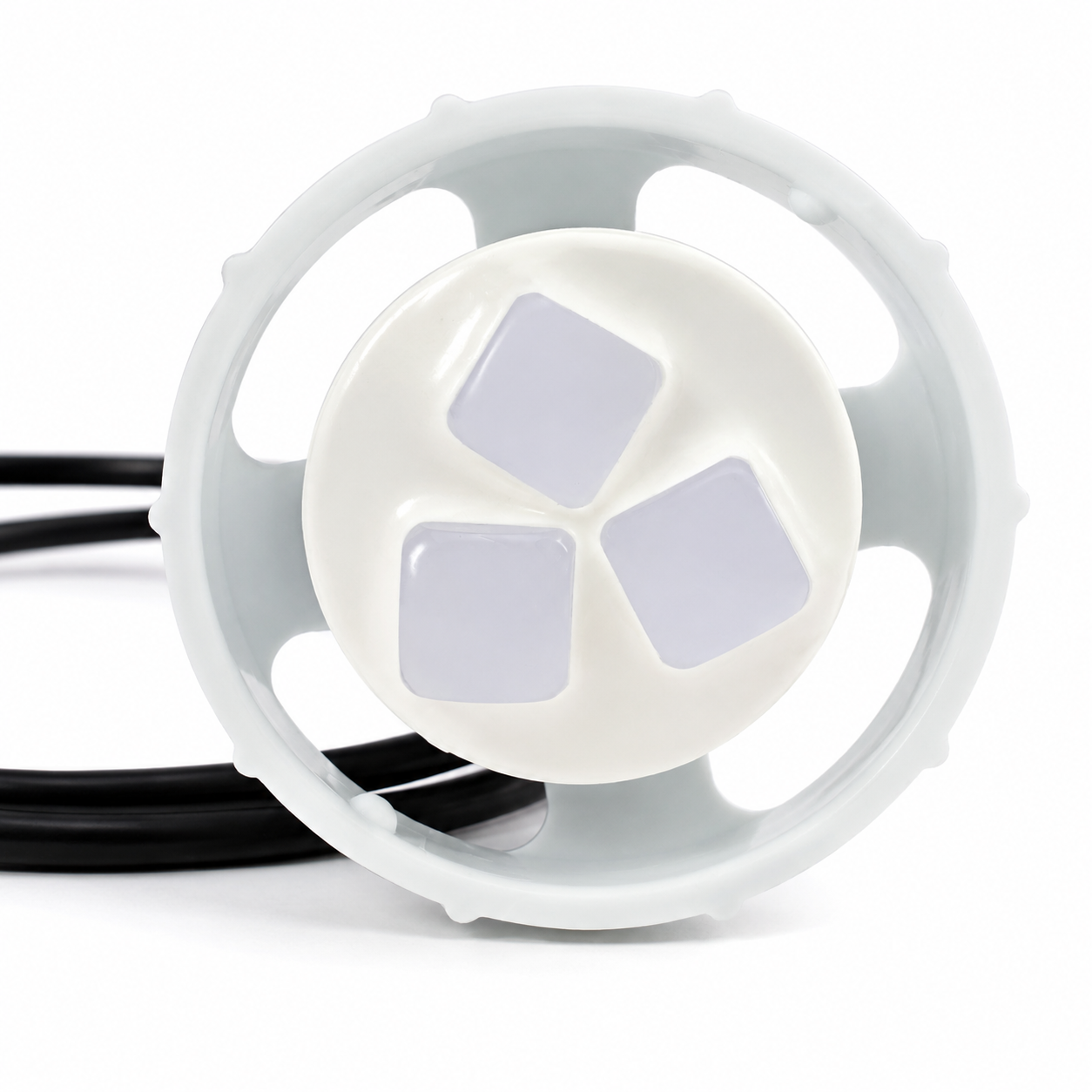 Angled view of Rising Dragon L3SFG RGB LED spa master light with three LED lenses for hot tub lighting systems