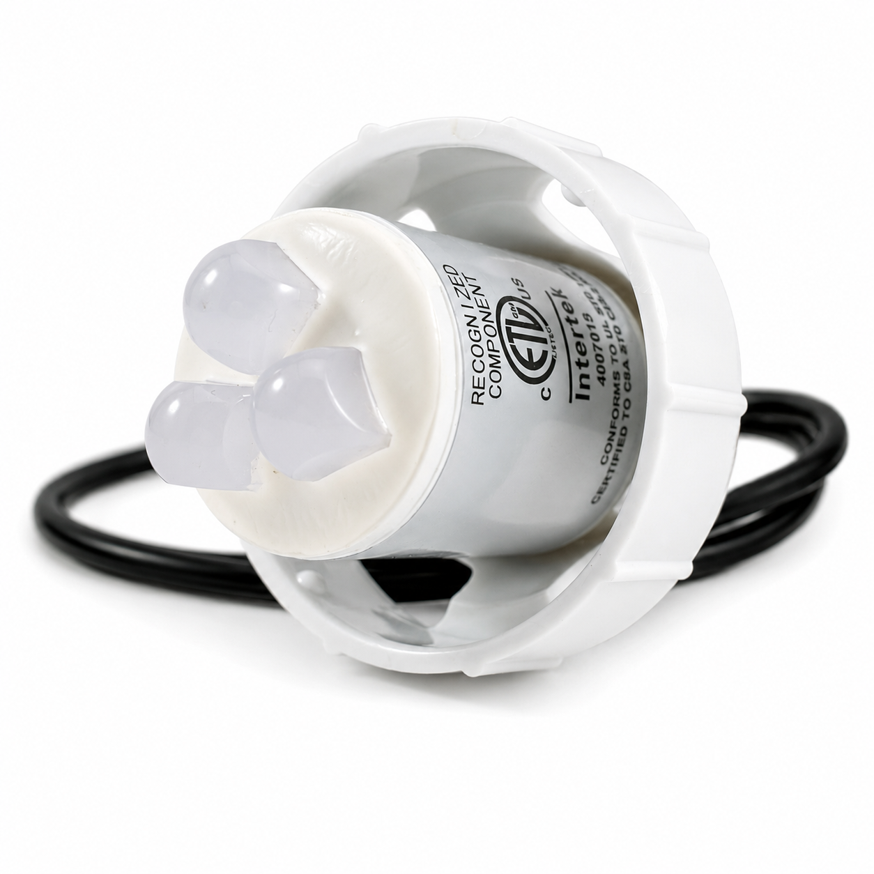 Angled view of Rising Dragon L3SFG RGB LED spa master light with three LED lenses for hot tub lighting systems