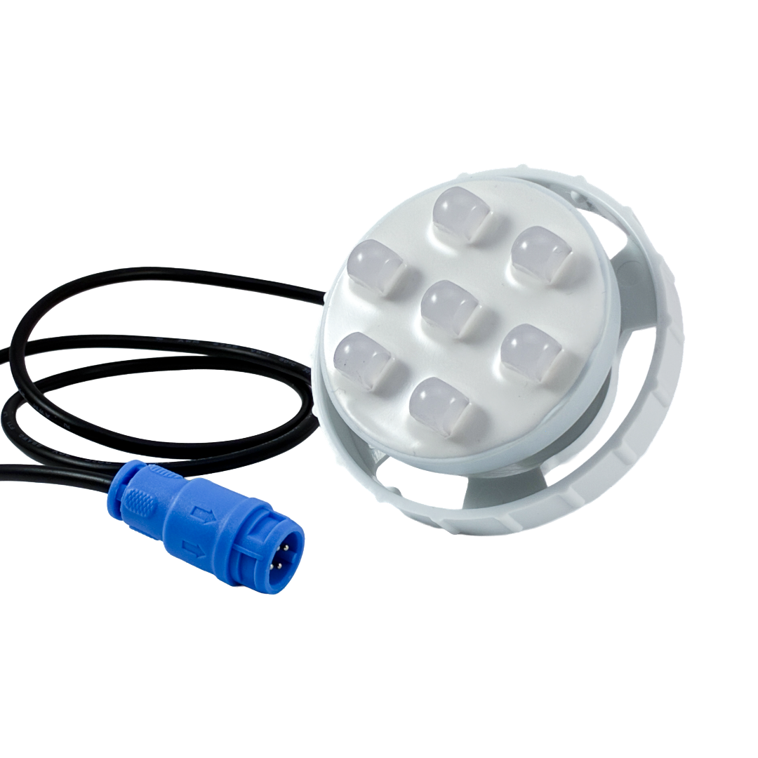 Front view of Rising Dragon 1L7SFG RGB LED spa main light with seven LED bulbs for Evolution Series hot tub lighting
