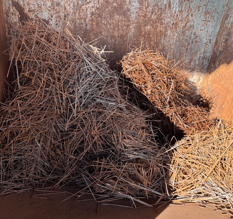 Piles of dry branches and twigs stacked against a rusted metal wall