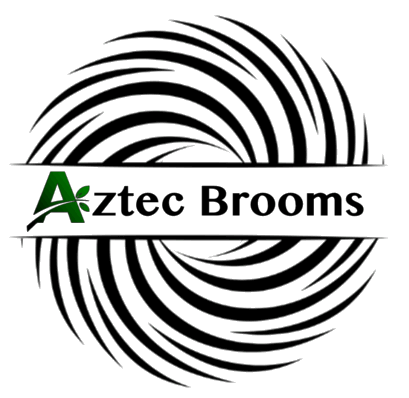 Aztec Brooms logo with black spiral design and green-and-black text on white background
