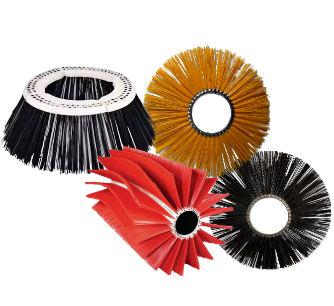 Four round brush head attachments in black, orange, red, and black on a white background