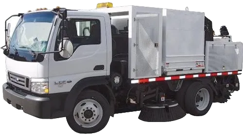 White utility truck with mounted equipment, side view on a white background