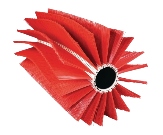 Red industrial fan impeller with black center and silver hub on a white background