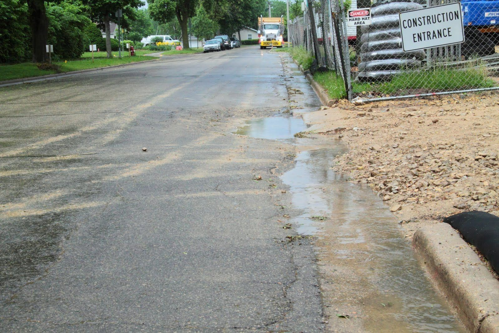 Wet roadside with puddles and gravel shoulder beside a quiet tree-lined street
