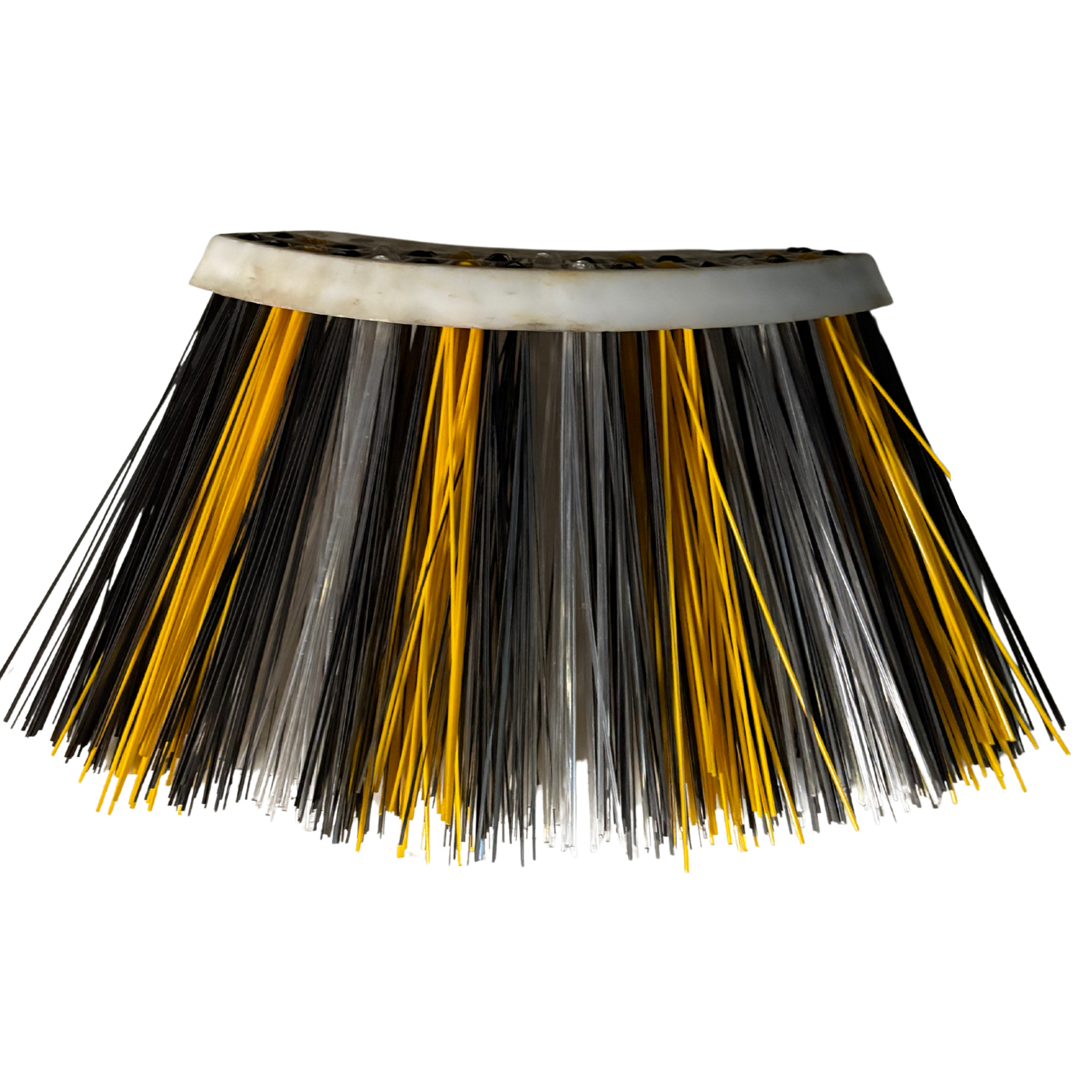 Black and yellow fan broom with white handle cap
