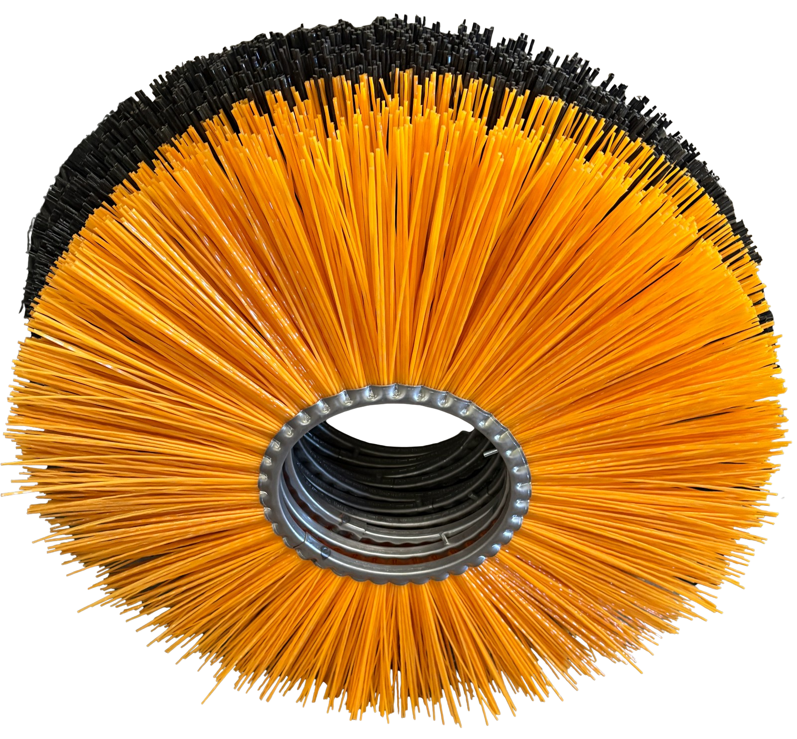 Orange and black cylindrical wire brush wheel with a metal center hole