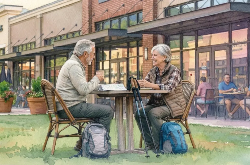 Two people sit at a café table outdoors in front of a brick storefront.