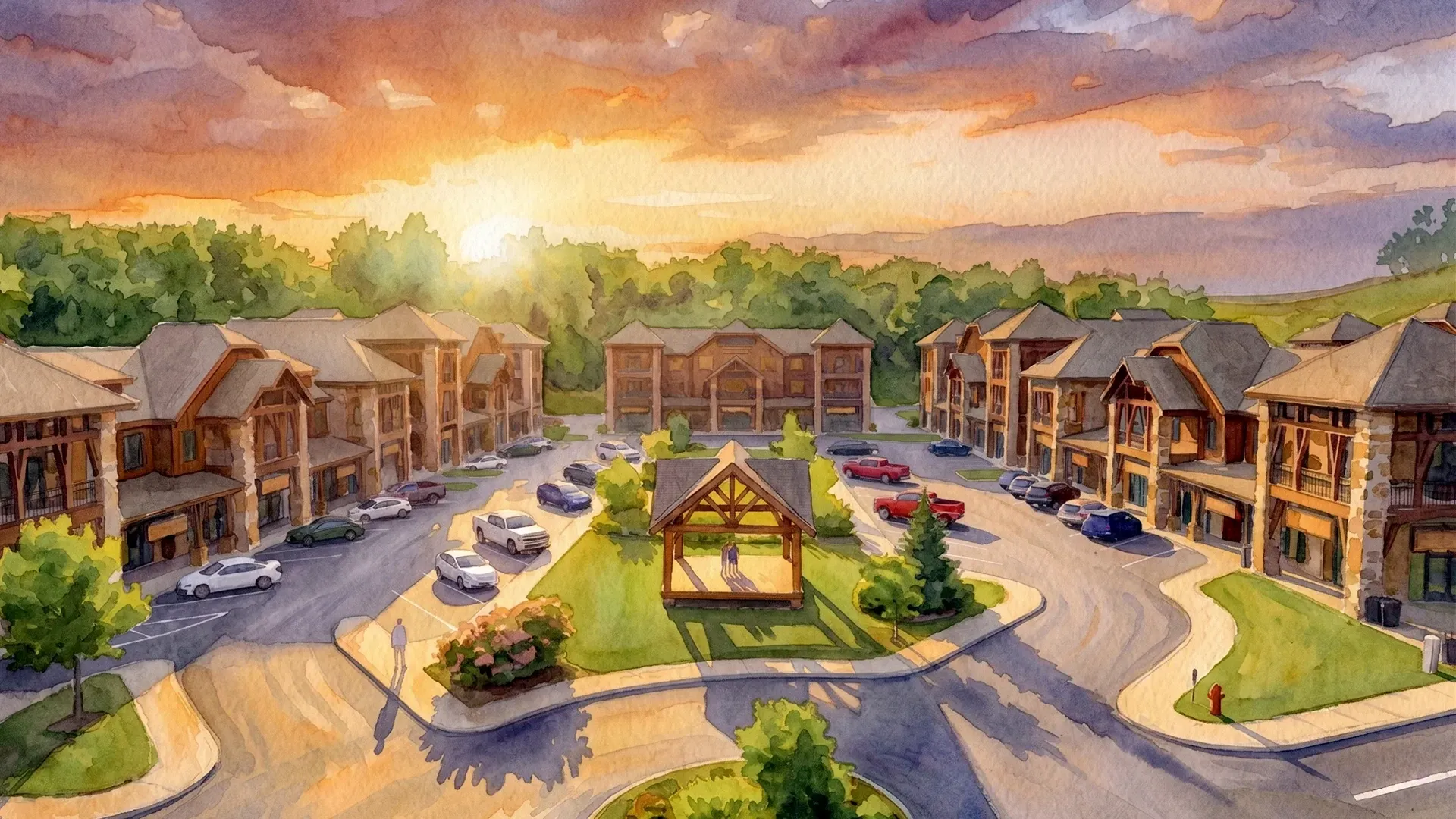 Sunset view of a modern apartment courtyard with central greenery, playground, parked cars, and mountains beyond