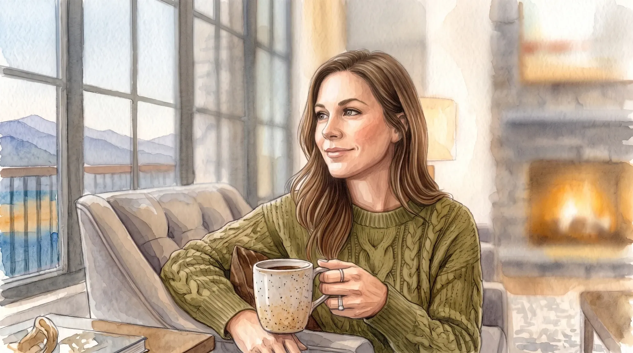 Woman in a green sweater relaxing on a sofa, holding a mug by a bright window and laptop.
