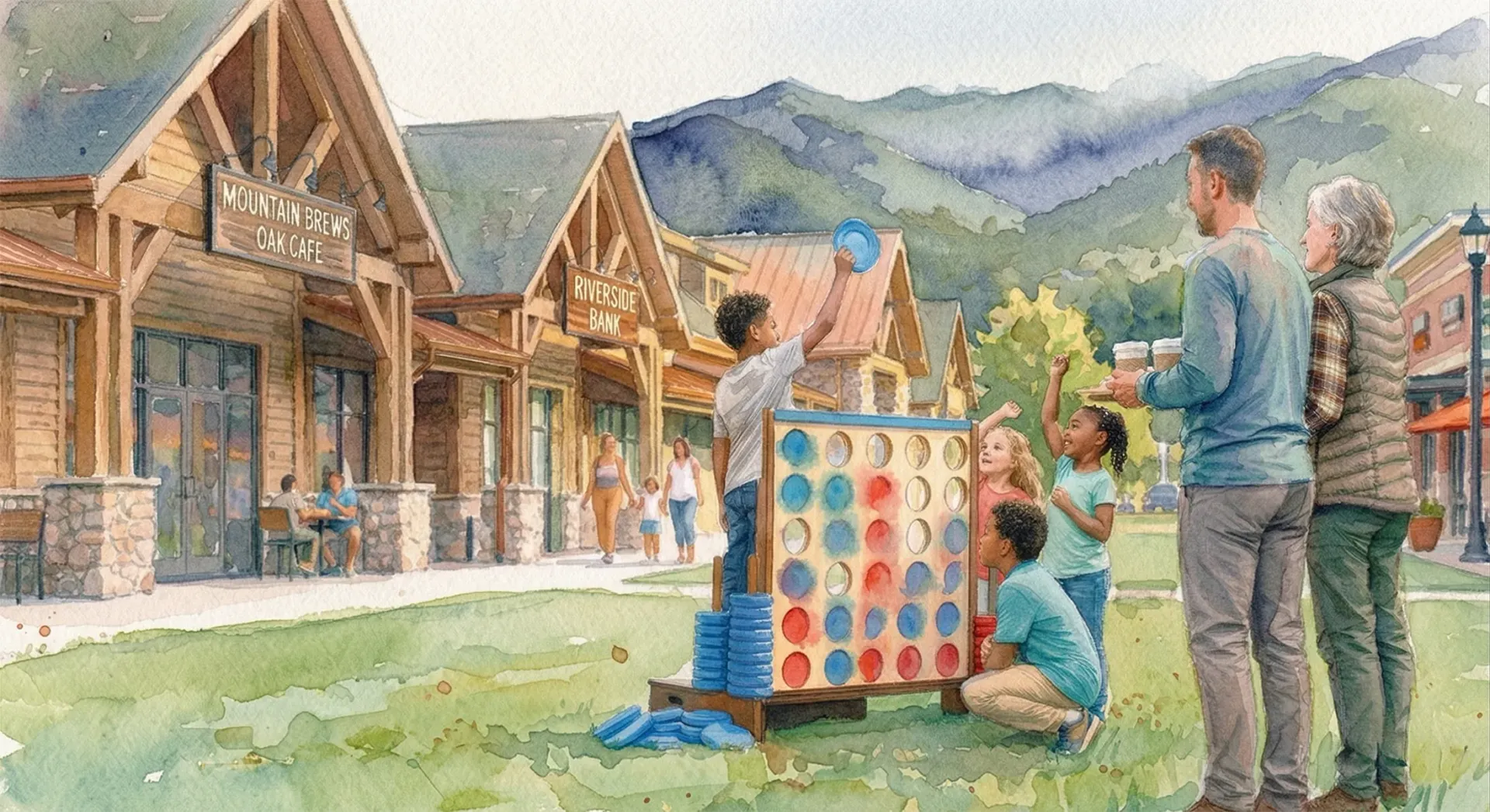 Family playing giant Connect Four outside rustic cabins with mountains in the background