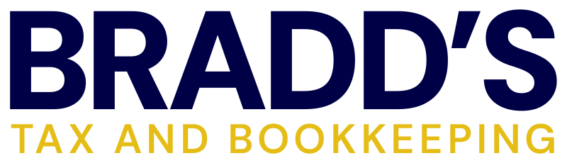 Bradd's Tax and Bookkeeping BRADD'S, navy blue text over "TAX AND BOOKKEEPING" in gold text.