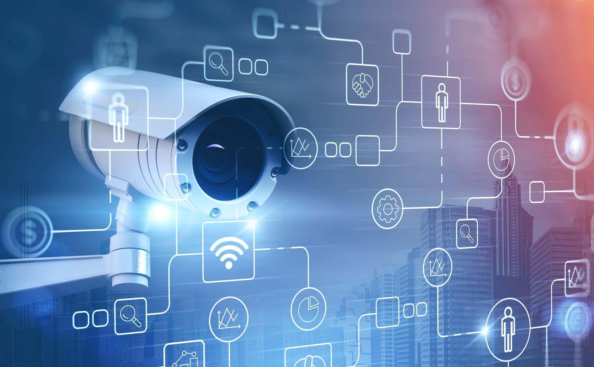 Security camera with digital network icons over a cityscape background.