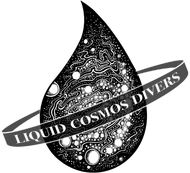 A black and white logo for liquid cosmos divers